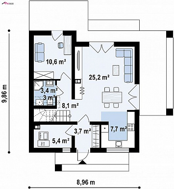 Проект компактного одноэтажного мансардного дома из кирпича с кабинетом и двумя спальнями / План 1 этажа Проект компактного одноэтажного мансардного дома из кирпича с кабинетом и двумя спальнями / План 1 этажа