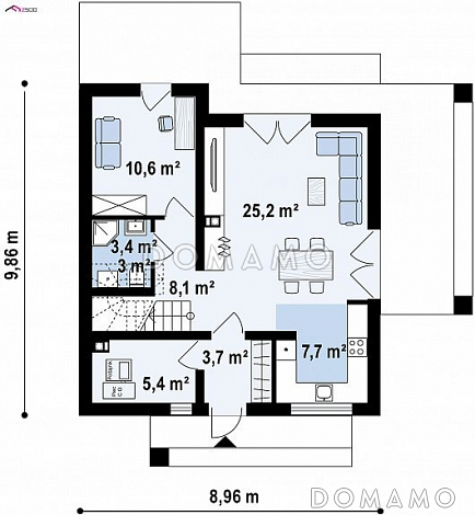 Проект компактного одноэтажного мансардного дома из кирпича с кабинетом и двумя спальнями / План 1 этажа Проект компактного одноэтажного мансардного дома из кирпича с кабинетом и двумя спальнями / План 1 этажа