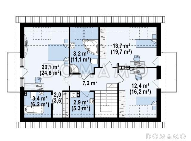 Проект одноэтажного мансардного дома из газобетона со стеклянным эркером в кухонной зоне, двумя балконами и гаражом / План мансардного этажа