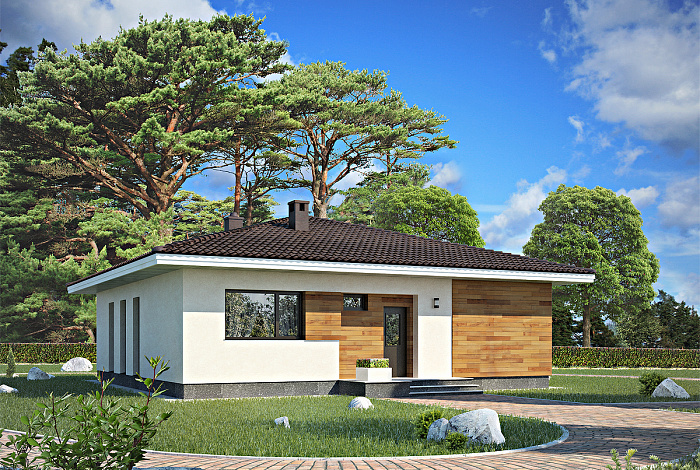 Проект одноэтажного дома из пенобетона с тремя спальнями и крытой террасой