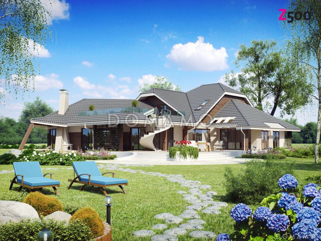 Проект красивого просторного мансардного коттеджа из кирпича с террасой на втором уровне / 1