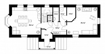 Проект большого коттеджа для узкого участка / План 1 этажа Проект большого коттеджа для узкого участка / План 1 этажа