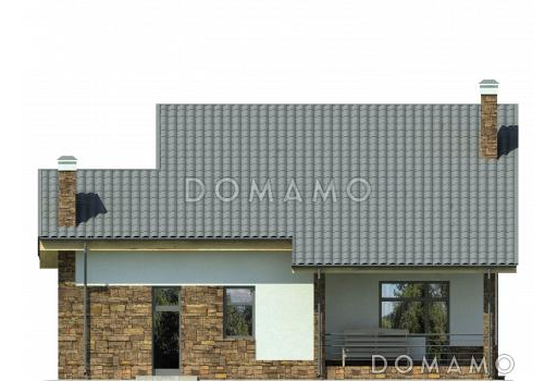 Проект загородного дома с панорамным окном в гостиной и спальне на мансардном этаже, крытой террасой с выходом из кухни-столовой, спальней на первом этаже / Фасад 1