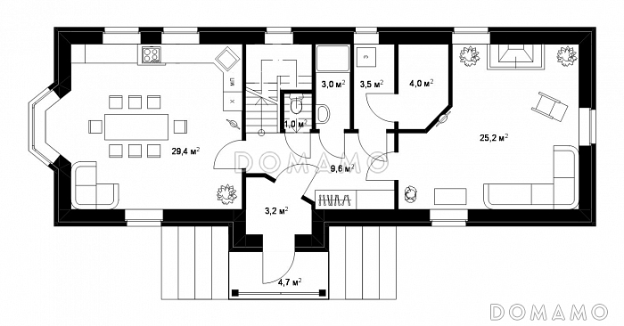 Проект большого коттеджа для узкого участка / План 1 этажа Проект большого коттеджа для узкого участка / План 1 этажа