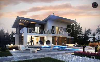 Проект просторного современного двухэтажного дома из газобетона, с пятью комнатами, гаражом и террасой над ним Проект просторного современного двухэтажного дома из газобетона, с пятью комнатами, гаражом и террасой над ним