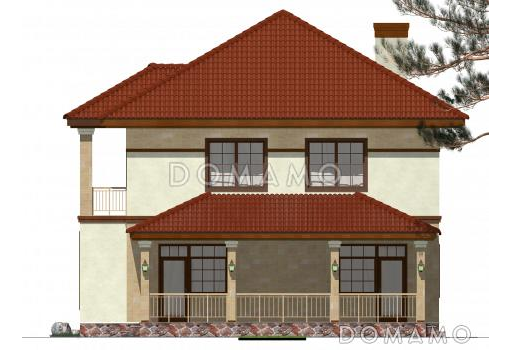 Проект двухэтажного коттеджа с террасой и двумя балконами / Фасад 3