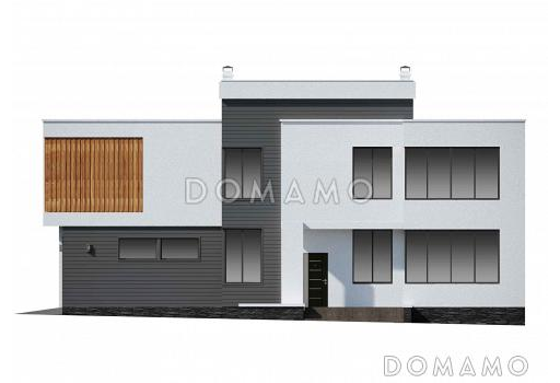 Проект современного двухэтажного дома из газобетона с большой площадью остекления, лоджией и гаражом / Фасад 1