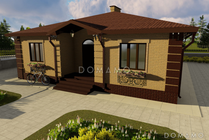 Проект одноэтажного дома с эркером в гостиной, крытой террасой с камином, большой кладовой с окном Проект одноэтажного дома с эркером в гостиной, крытой террасой с камином, большой кладовой с окном