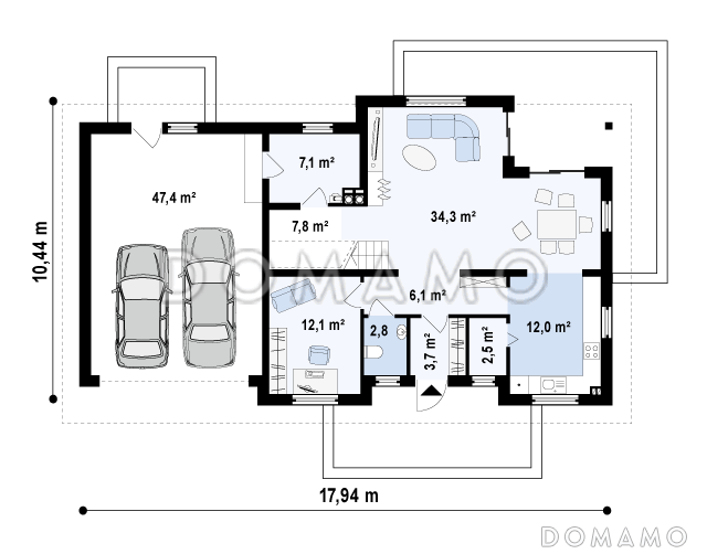 Проект просторного одноэтажного дома из газобетона со свободной зоной на мансардном этаже и со встроенным гаражом / План 1 этажа