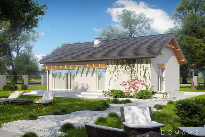 Проект компактного одноэтажного дома из кирпича с современными элементами экстерьера Проект компактного одноэтажного дома из кирпича с современными элементами экстерьера