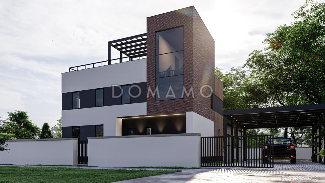 Проект двухэтажного дома в стиле хай-тек с террасой, 3 спальнями и личными гардеробными / 2