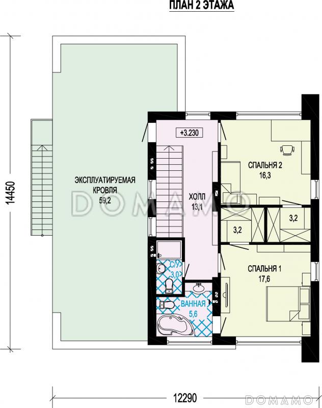 Проект двухэтажного дома с тремя спальнями, гаражом и эксплуатируемой кровлей / План 2 этажа