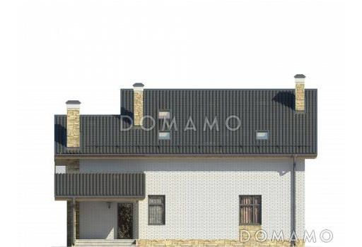 Проект загородного дома с игровой, крытой террасой, камином, просторной гостиной и кухней / Фасад 2