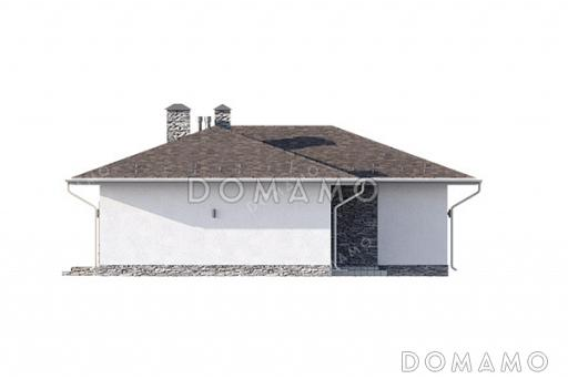 Проект Г-образного одноэтажного дома с крытой входной группой, простой вальмовой кровлей и просторной кухней-гостиной / Фасад 3