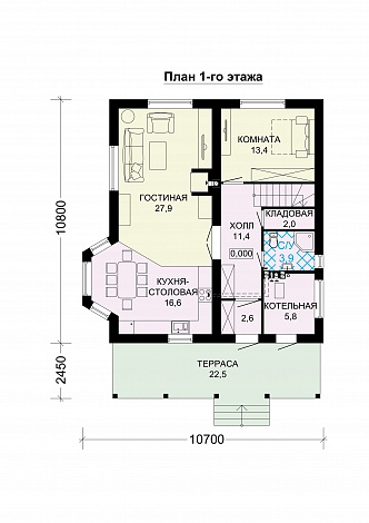 Проект дома из газобетона с большой террасой на втором этаже / План 1 этажа