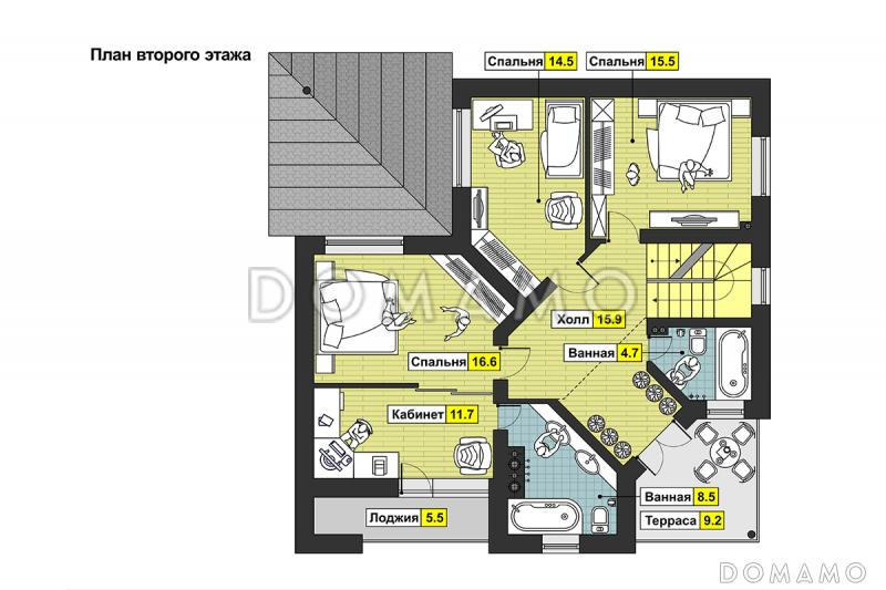 Проект квадратного загородного дома с большой гостиной, кухней-столовой, двумя террасам, вторым светом / План 2 этажа