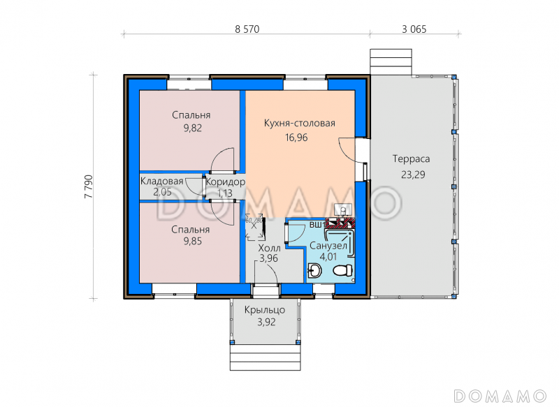 Проект дома с террасой, кухней-столовой, двумя небольшими спальнями и кладовой / План 1 этажа