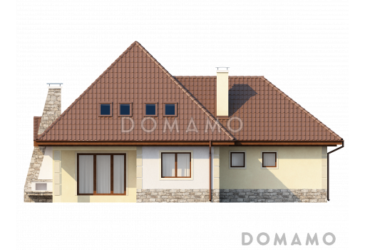 Проект просторного мансардного дома из газобетона с четырьмя спальнями, гаражом и барбекю не террасе / Фасад 2