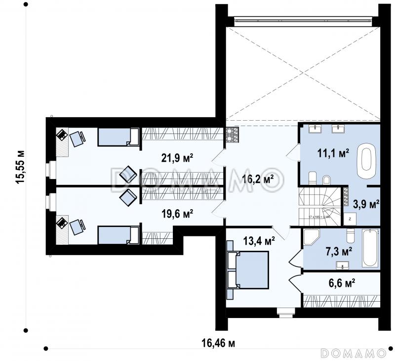 Проект современного одноэтажного мансардного дома из кирпича с панорамным остеклением, вторым светом и с гаражом / План мансардного этажа