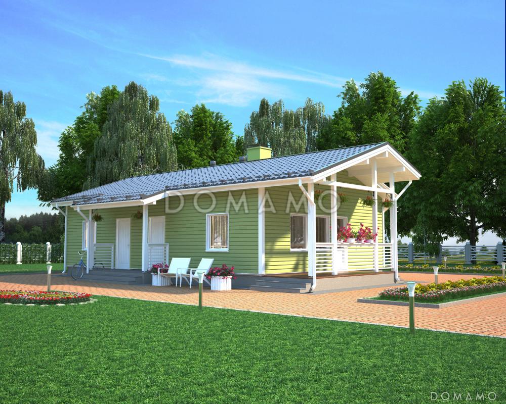 Проект одноэтажного каркасного дома с эркером и небольшой крытой террасой / 1