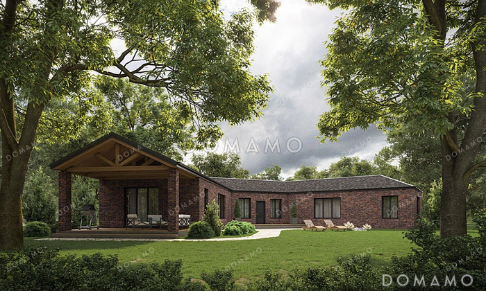 Проект большого одноэтажного дома с просторной кухней-гостиной и террасой