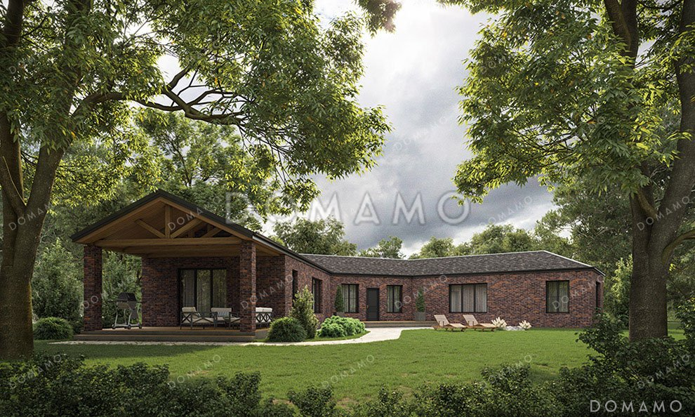 Проект большого одноэтажного дома с просторной кухней-гостиной и террасой / 1