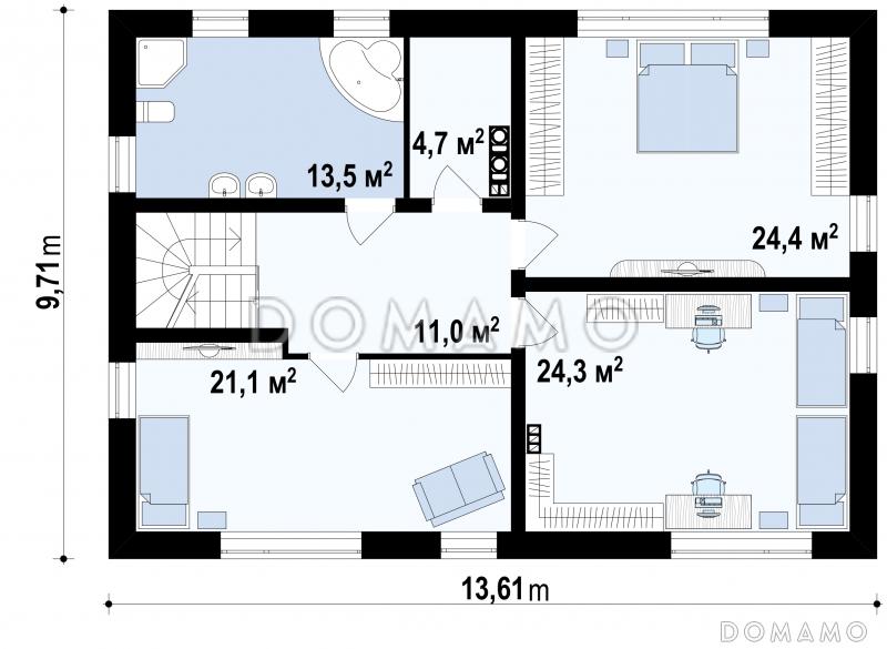 Проект удобного простого двухэтажного коттеджа из кирпича с кабинетом и просторной гостиной / План 2 этажа