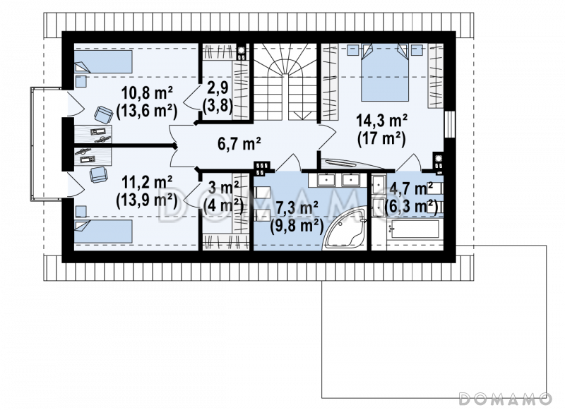 Проект одноэтажного мансардного дома из газобетона с кабинетом, балконом и гаражом / План мансардного этажа