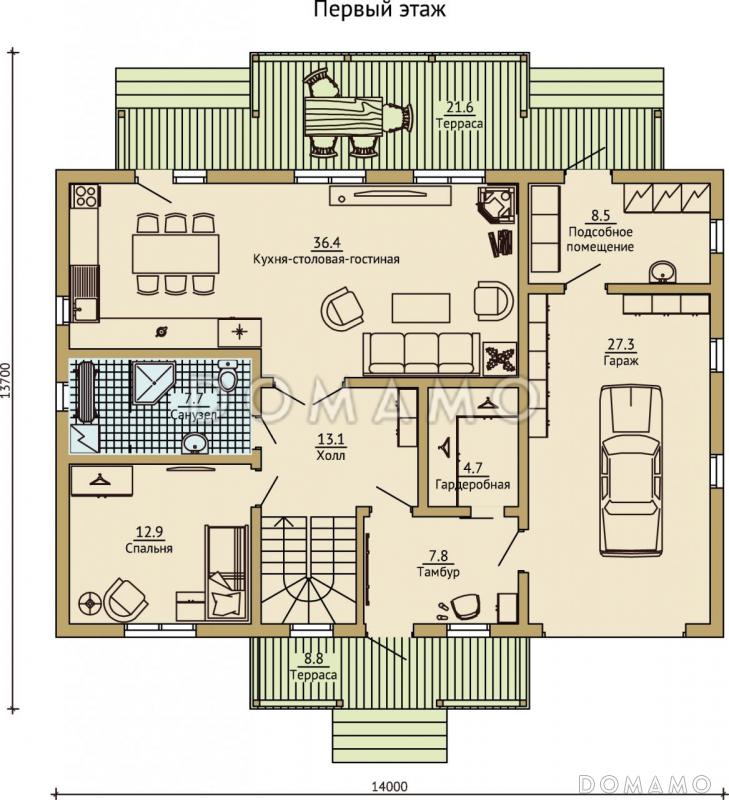 Проект каркасного дома с встроенным гаражом / План 1 этажа