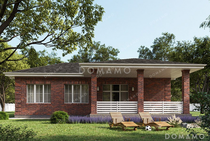 Проект одноэтажного дома с большой террасой и гаражом Проект одноэтажного дома с большой террасой и гаражом