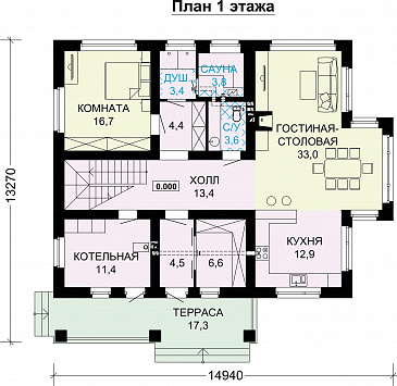Проект дома по технологии ЛСТК с панорамными окнами и натуральной черепицей / План 1 этажа Проект дома по технологии ЛСТК с панорамными окнами и натуральной черепицей / План 1 этажа