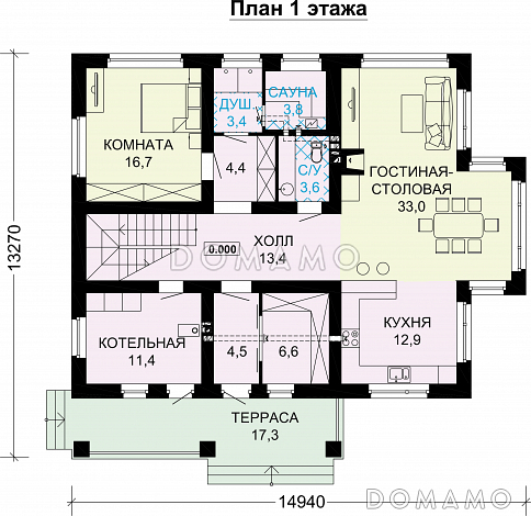 Проект дома по технологии ЛСТК с панорамными окнами и натуральной черепицей / План 1 этажа Проект дома по технологии ЛСТК с панорамными окнами и натуральной черепицей / План 1 этажа