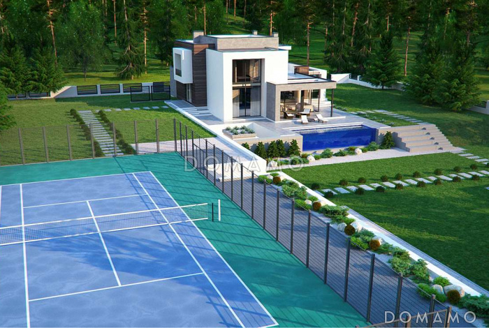 Проект большого современного двухэтажного дома из кирпича с четырьмя спальнями, кабинетом и гаражом для участка с рельефом Проект большого современного двухэтажного дома из кирпича с четырьмя спальнями, кабинетом и гаражом для участка с рельефом