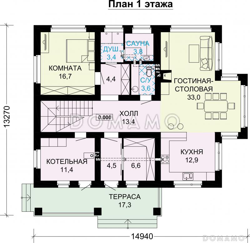 Проект дома по технологии ЛСТК с панорамными окнами и натуральной черепицей / План 1 этажа