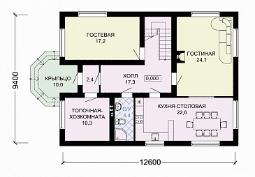 Проект рационально запланированного дома с мансардой и гостевой комнатой / План 1 этажа Проект рационально запланированного дома с мансардой и гостевой комнатой / План 1 этажа