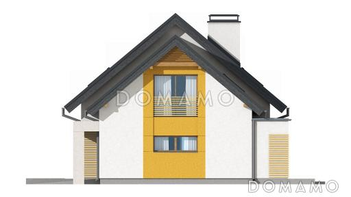 Проект одноэтажного мансардного дома из кирпича с большой гостиной, гаражом и частично крытой террасой / Фасад 3