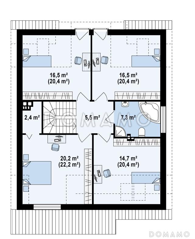 Проект одноэтажного мансардного дома из газобетона с кабинетом, гаражом и большой гостиной / План мансардного этажа