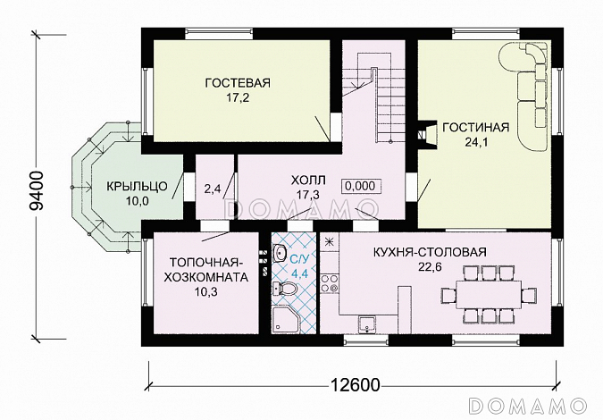 Проект рационально запланированного дома с мансардой и гостевой комнатой / План 1 этажа Проект рационально запланированного дома с мансардой и гостевой комнатой / План 1 этажа