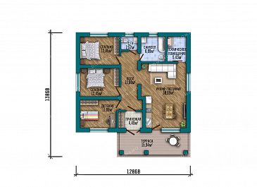 Проект компактного одноэтажного дома с вальмовой кровлей, крытой террасой, тремя спальнями и большой открытой зоной кухни-гостиной / План 1 этажа Проект компактного одноэтажного дома с вальмовой кровлей, крытой террасой, тремя спальнями и большой открытой зоной кухни-гостиной / План 1 этажа