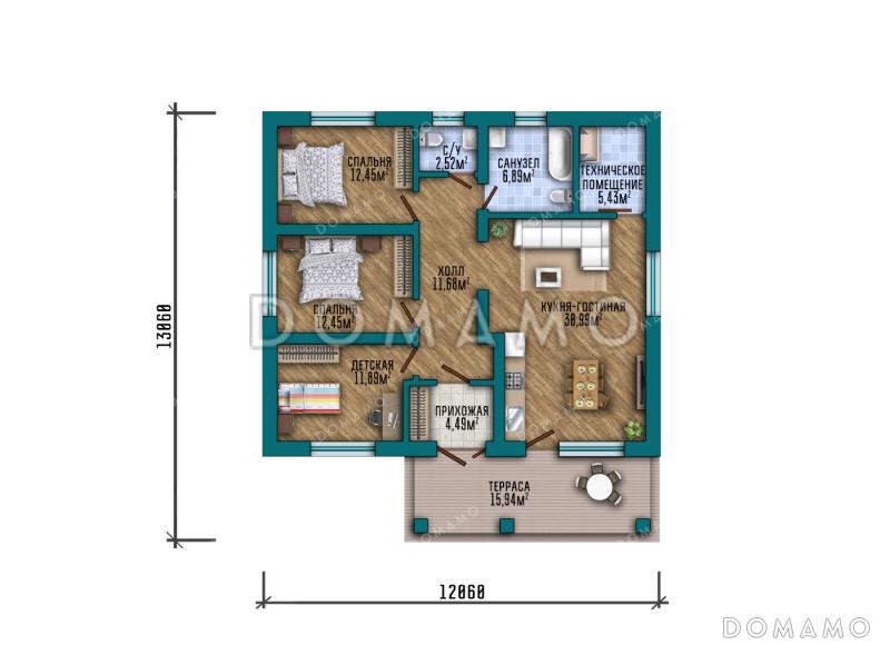 Проект компактного одноэтажного дома с вальмовой кровлей, крытой террасой, тремя спальнями и большой открытой зоной кухни-гостиной / План 1 этажа