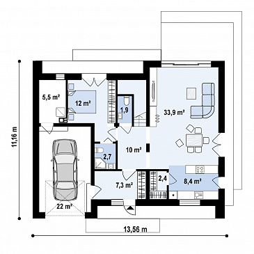 Проект загородного дома с мансардой, гаражом на одну машину, кладовой на кухне / План 1 этажа