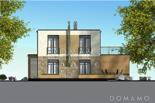 Проект современного дома с гаражом на одну машину, открытой террасой, просторной гостиной, широким балконом над гаражом / Фасад 3