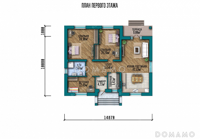Проект одноэтажного дома с просторной кухней-гостиной / План 1 этажа Проект одноэтажного дома с просторной кухней-гостиной / План 1 этажа