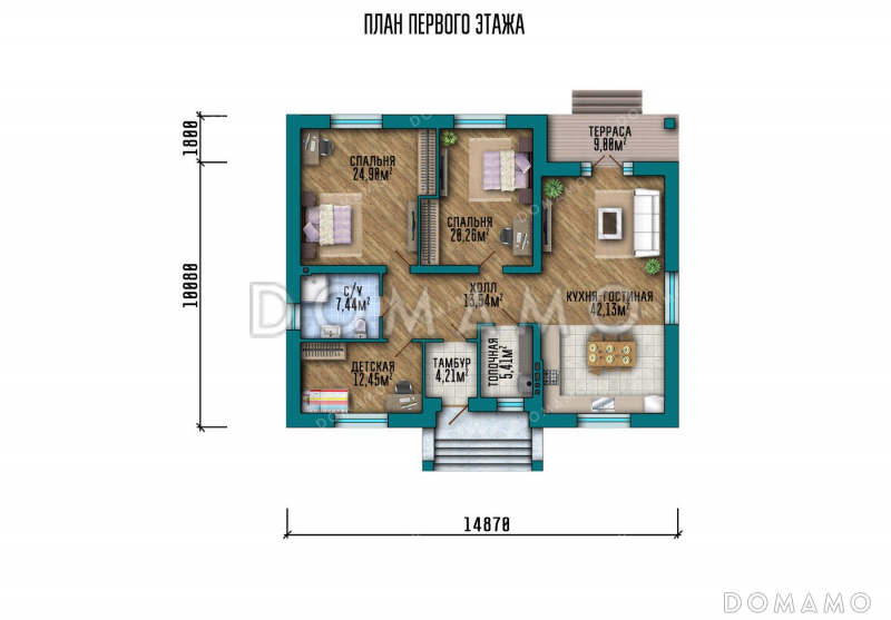 Проект одноэтажного дома с просторной кухней-гостиной / План 1 этажа