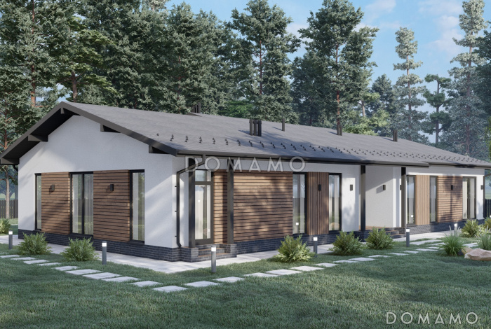 Проект большого одноэтажного дома с шестью спальнями, большой гостиной и террасой S-237