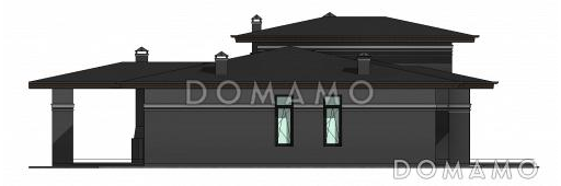 Проект одноэтажного дома с двумя террасами, кухней и гостиной в центральной части дома, сауной / Фасад 4