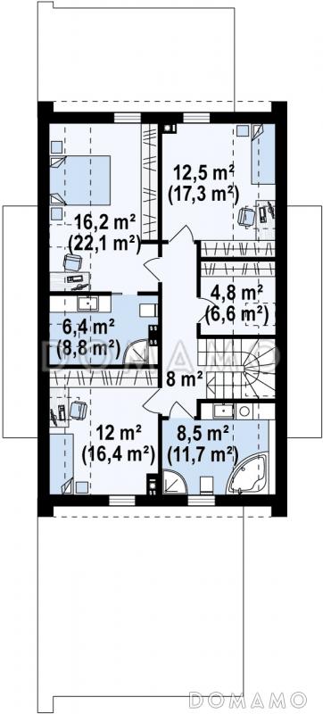 Проект удобного современного одноэтажного мансардного дома из кирпича с гаражом и тремя спальнями на мансарде / План мансардного этажа