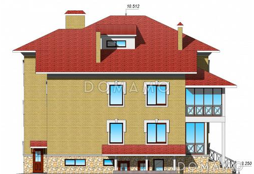Проект двухэтажного коттеджа с цокольным этажом, гаражом и парной / Фасад 3