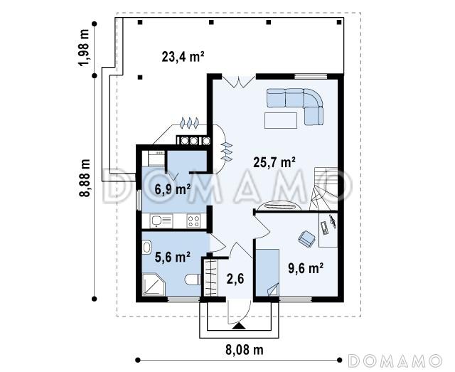 Проект компактного одноэтажного мансардного дома из газобетон с барбекю на крытой террасе / План 1 этажа