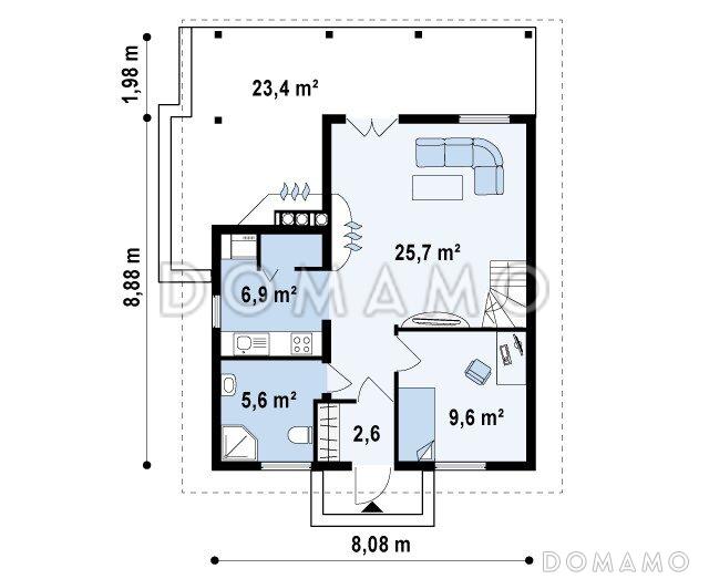 Проект компактного одноэтажного мансардного дома из газобетон с барбекю на крытой террасе / План 1 этажа